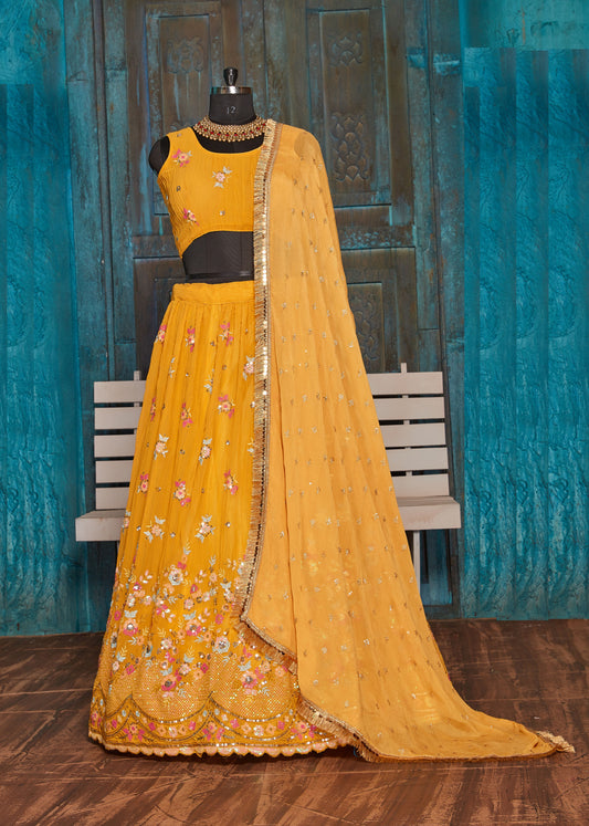 YELLOW COLOR SEQUENCE EMBROIDERY WORK DESIGNER FAUX GEORGETTE LEHENGA CHOLI SGL 1003