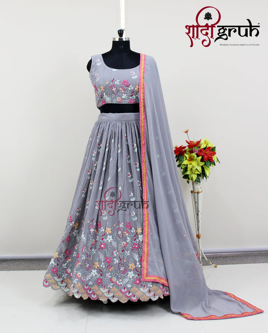 GREY COLOR SEQUENCE EMBROIDERY WORK DESIGNER FAUX GEORGETTE LEHENGA CHOLI SGL 1021